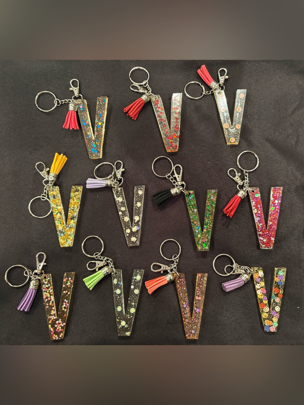 Glitter Initial V Keychain with Tassel - Multicolor